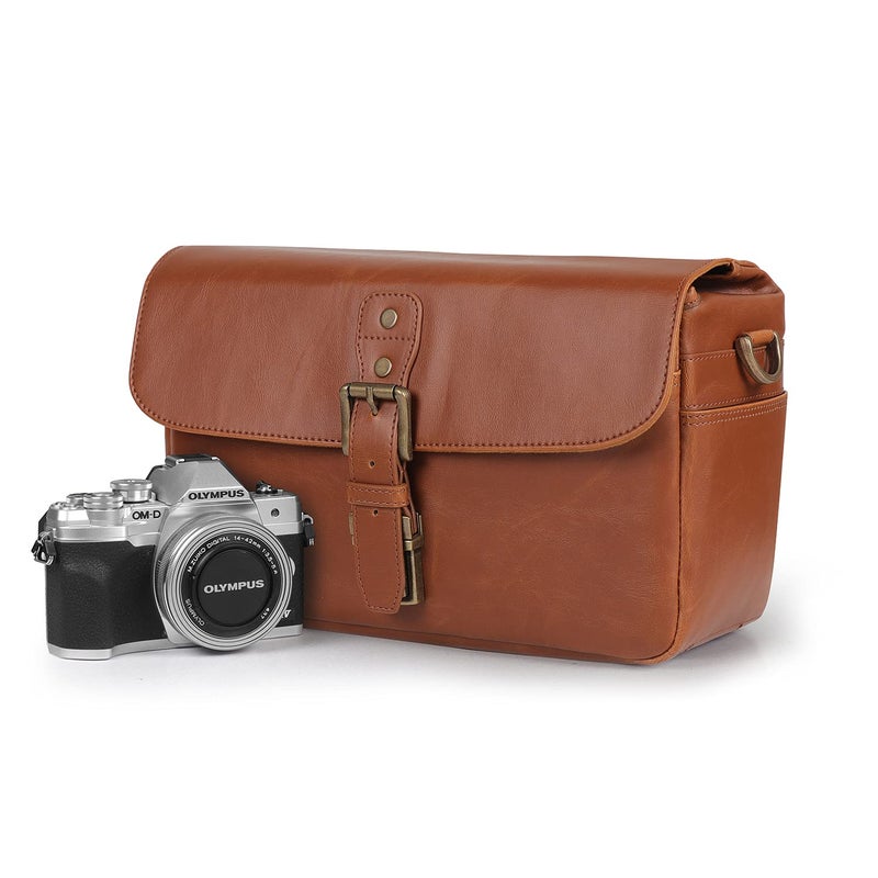 MegaGear MG1525 Leather Camera Messenger Bag for Mirrorless, Instant and DSLR Cameras - Light Brown, Compact,LightBrown - Image 3